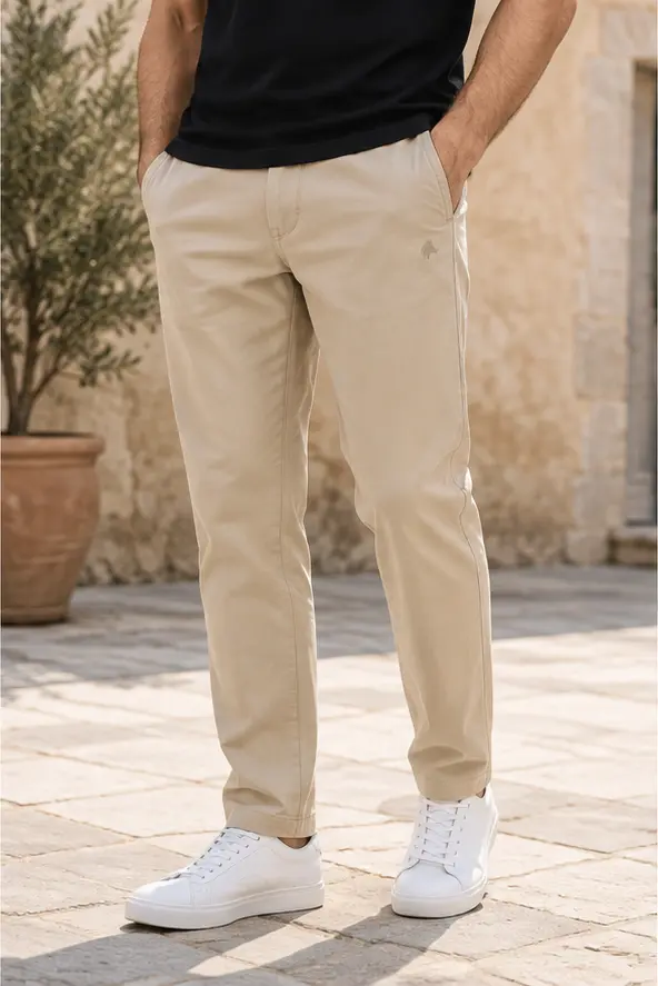 Calça chino Laurent Richard, areia, em uso