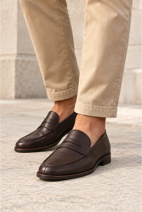 Mocassim Laurent Richard, marrom, em uso